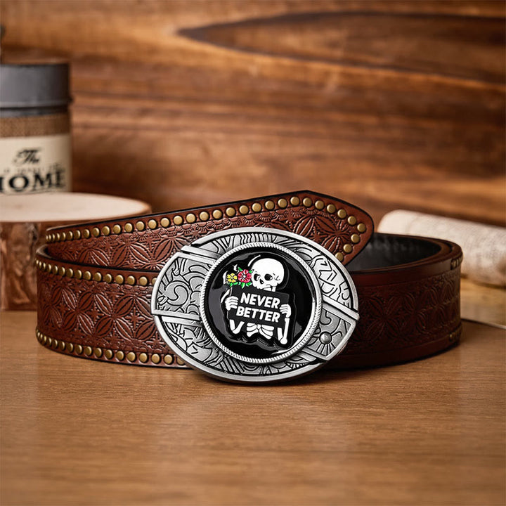 NEVER BETTER Skeleton DIY Hidden Folding Knife Buckle Leather Belt - Skeleton - Brown Rivet Belt - 42 - image 4