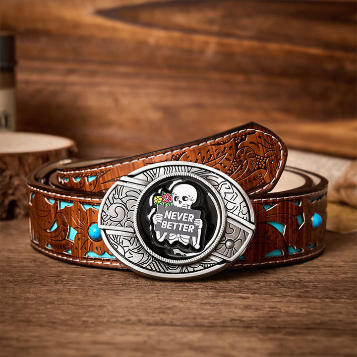NEVER BETTER Skeleton DIY Hidden Folding Knife Buckle Leather Belt - Skeleton - Turquoise Carved Belt - 42 - image 3