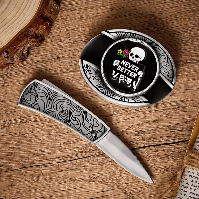NEVER BETTER Skeleton DIY Hidden Folding Knife Buckle Leather Belt - image 1