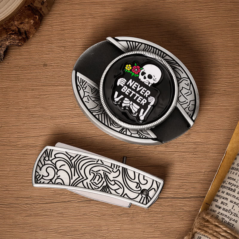 NEVER BETTER Skeleton DIY Hidden Folding Knife Buckle Leather Belt - image 10