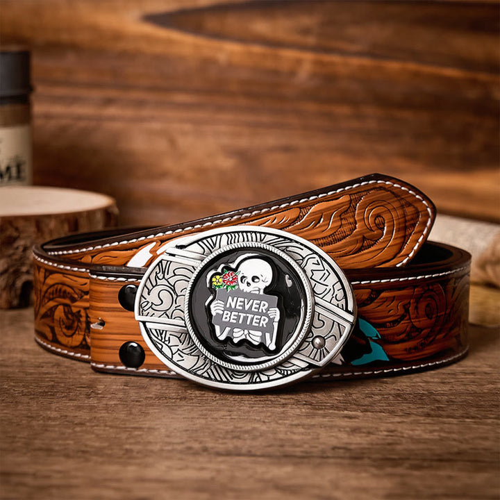 NEVER BETTER Skeleton DIY Hidden Folding Knife Buckle Leather Belt - Skeleton - Brown Feather Belt - 40 - image 7