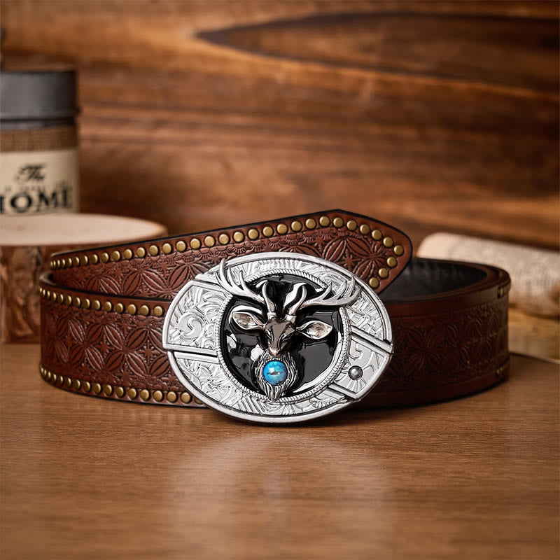 Mystic Stag Head DIY Hidden Folding Knife Buckle Leather Belt - Stag - Brown Rivet Belt - 42 - image 4