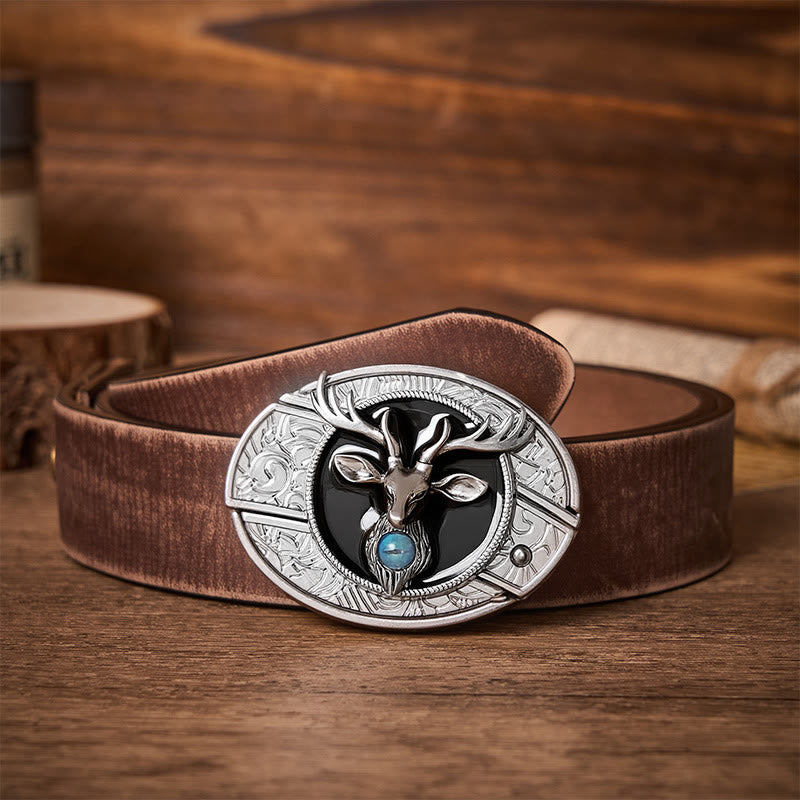 Mystic Stag Head DIY Hidden Folding Knife Buckle Leather Belt - Stag - Brown Distressed Belt - 42 - image 5