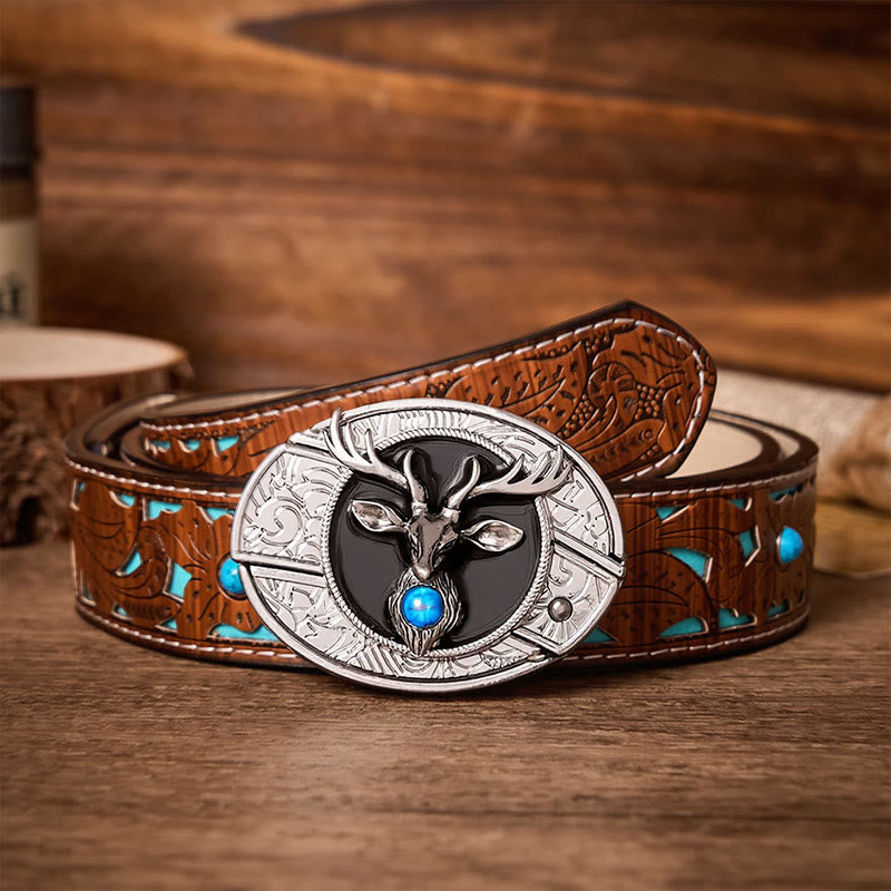 Mystic Stag Head DIY Hidden Folding Knife Buckle Leather Belt - Stag - Turquoise Carved Belt - 42 - image 3