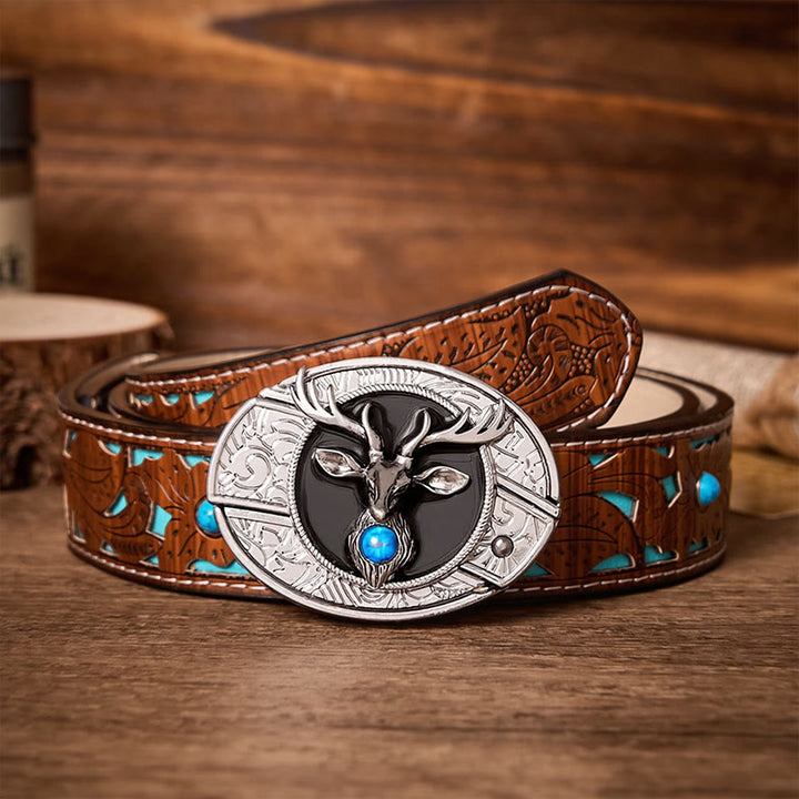 Mystic Stag Head DIY Hidden Folding Knife Buckle Leather Belt - Stag - Turquoise Carved Belt - 42 - image 3