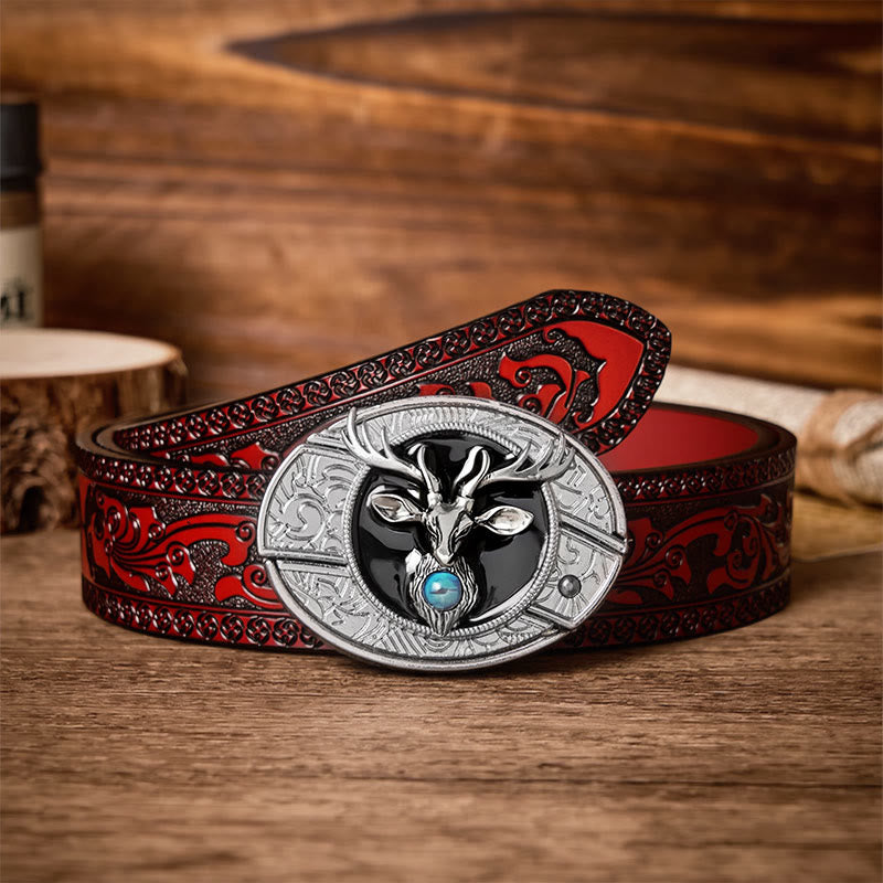 Mystic Stag Head DIY Hidden Folding Knife Buckle Leather Belt - Stag - Brown Carved Belt - 42 - image 6