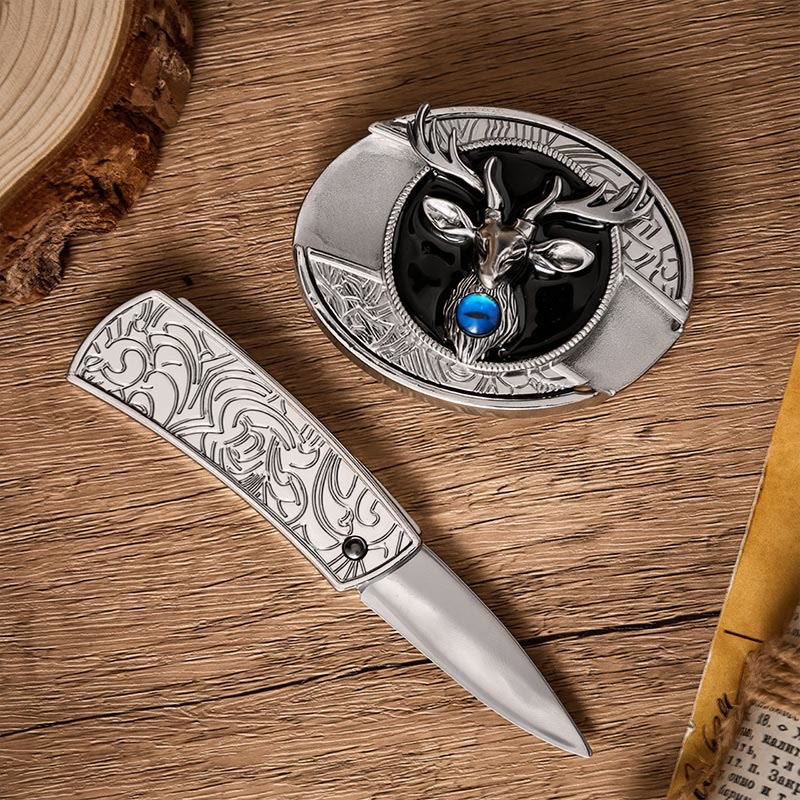 Mystic Stag Head DIY Hidden Folding Knife Buckle Leather Belt - image 1