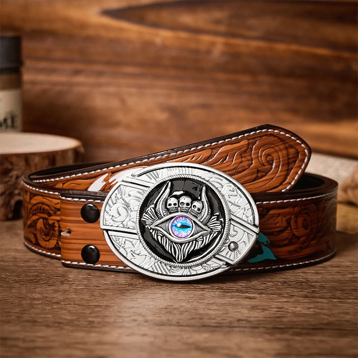 Third Eye Triple Skull DIY Hidden Folding Knife Buckle Leather Belt - Third Eye - Brown Feather Belt - 40 - image 7
