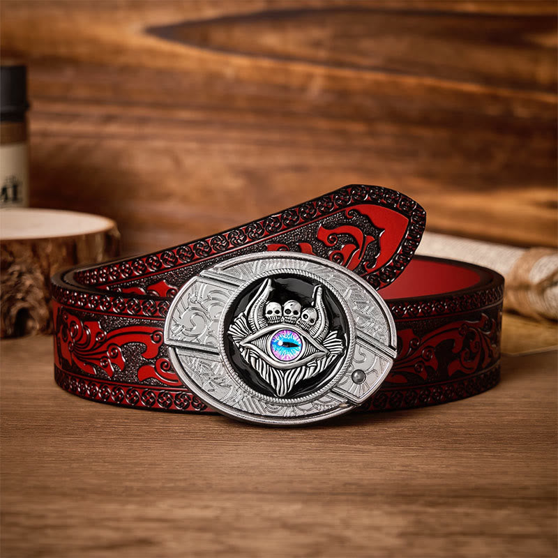 Third Eye Triple Skull DIY Hidden Folding Knife Buckle Leather Belt - Third Eye - Brown Carved Belt - 42 - image 6