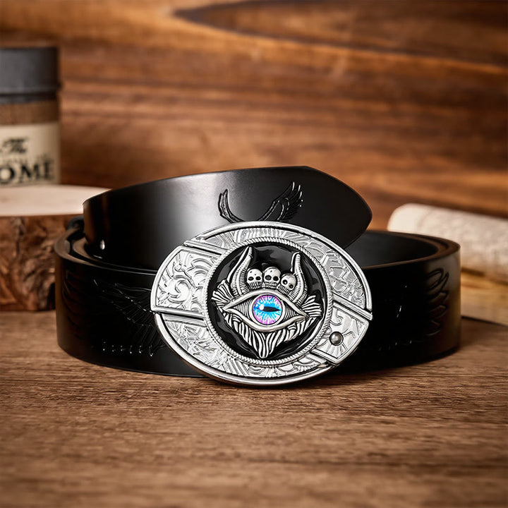 Third Eye Triple Skull DIY Hidden Folding Knife Buckle Leather Belt - Third Eye - Black Embossed Eagle Belt - 42 - image 2