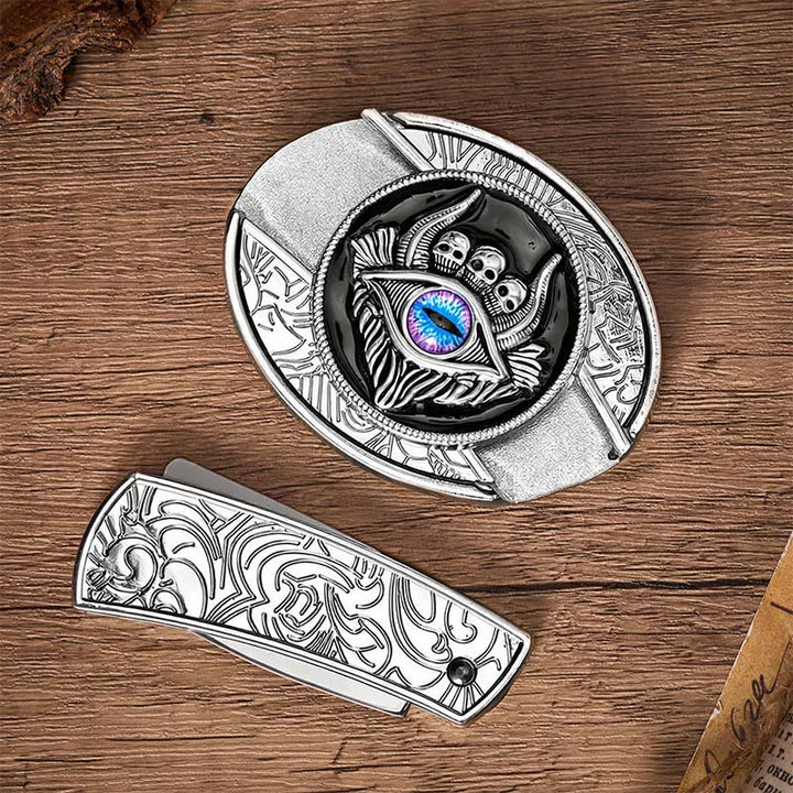 Third Eye Triple Skull DIY Hidden Folding Knife Buckle Leather Belt - image 9