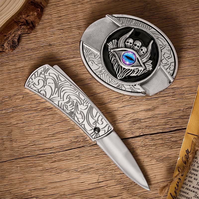 Third Eye Triple Skull DIY Hidden Folding Knife Buckle Leather Belt - image 1