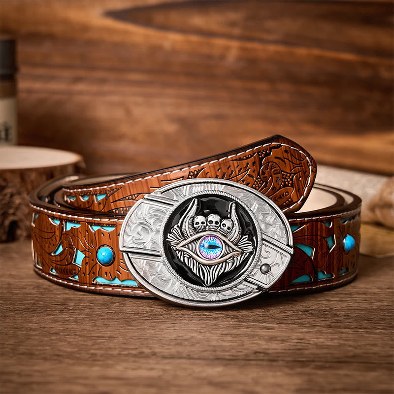 Third Eye Triple Skull DIY Hidden Folding Knife Buckle Leather Belt - Third Eye - Turquoise Carved Belt - 42 - image 3