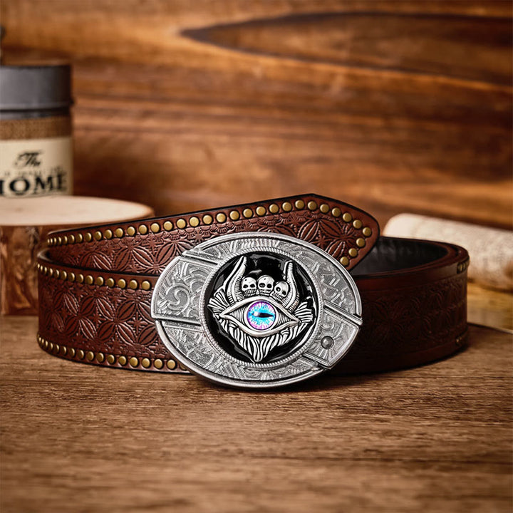 Third Eye Triple Skull DIY Hidden Folding Knife Buckle Leather Belt - Third Eye - Brown Rivet Belt - 42 - image 4