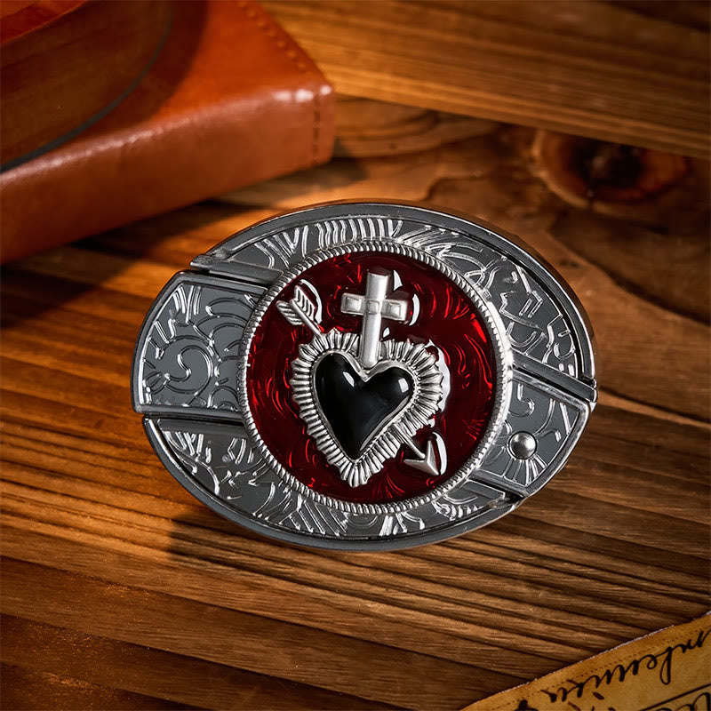 Sacred Heart & Arrow DIY Hidden Folding Knife Buckle Leather Belt - Cross & Heart - Without Belt - Not Included Belt - image 0