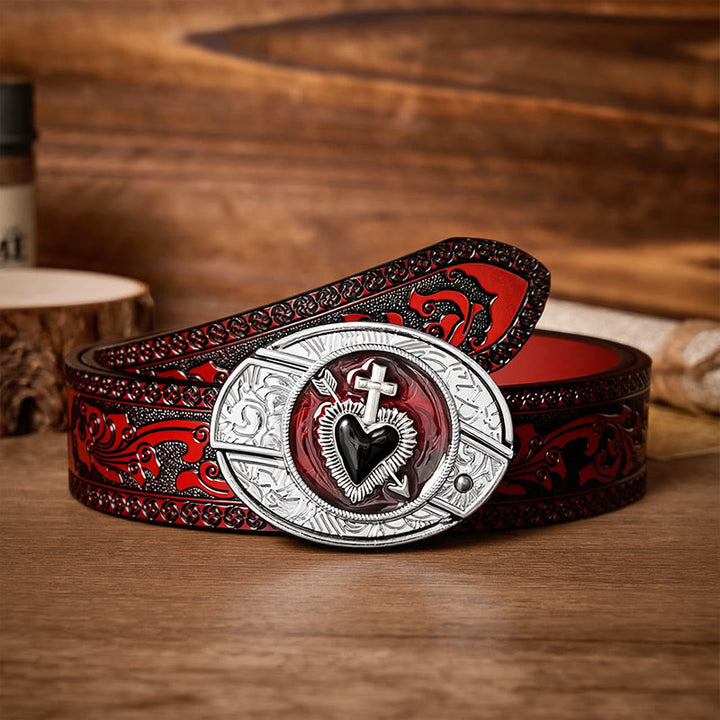 Sacred Heart & Arrow DIY Hidden Folding Knife Buckle Leather Belt - Cross & Heart - Brown Carved Belt - 42 - image 6