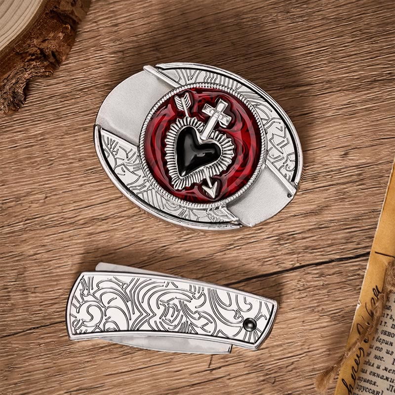 Sacred Heart & Arrow DIY Hidden Folding Knife Buckle Leather Belt - image 10