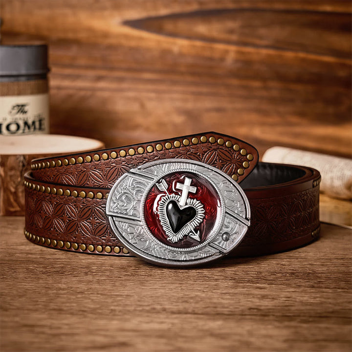 Sacred Heart & Arrow DIY Hidden Folding Knife Buckle Leather Belt - Cross & Heart - Brown Rivet Belt - 42 - image 4