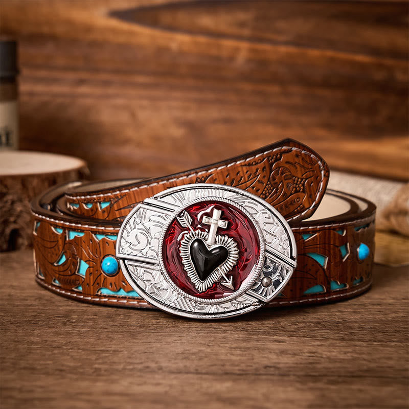 Sacred Heart & Arrow DIY Hidden Folding Knife Buckle Leather Belt - Cross & Heart - Turquoise Carved Belt - 42 - image 3
