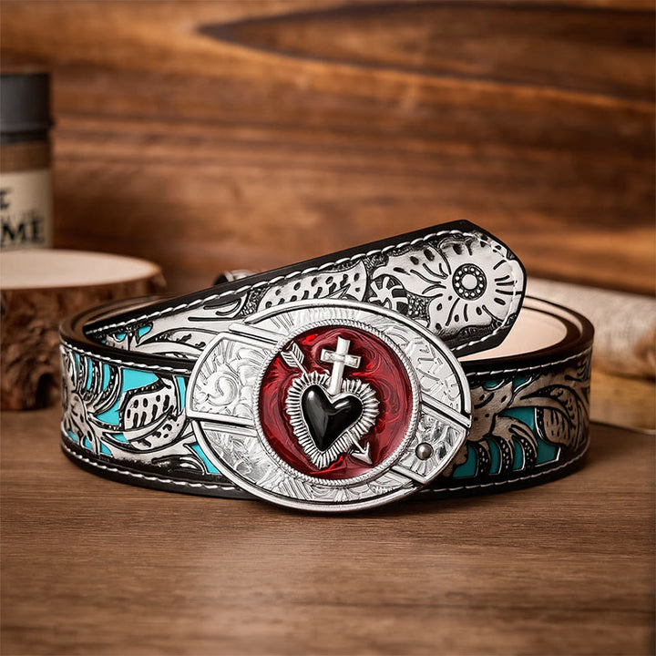 Sacred Heart & Arrow DIY Hidden Folding Knife Buckle Leather Belt - Cross & Heart - Gray Floral Belt - 42 - image 8