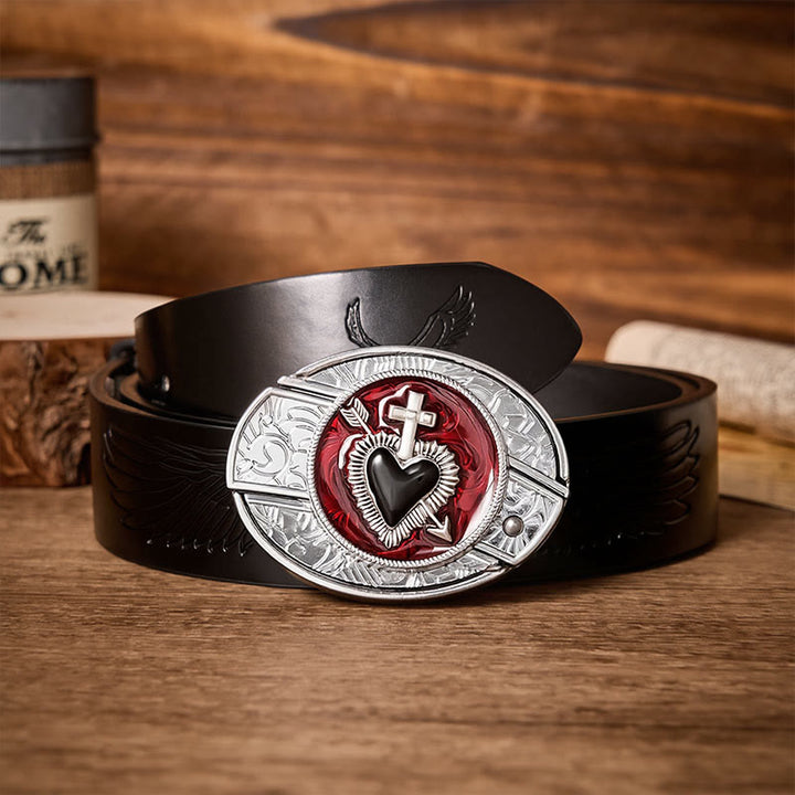 Sacred Heart & Arrow DIY Hidden Folding Knife Buckle Leather Belt - Cross & Heart - Black Embossed Eagle Belt - 42 - image 2