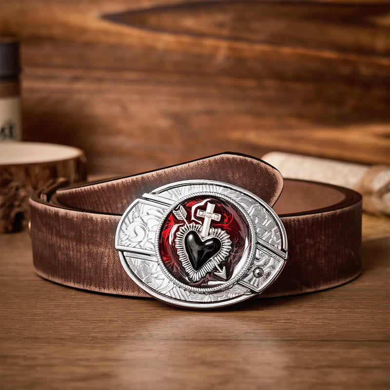 Sacred Heart & Arrow DIY Hidden Folding Knife Buckle Leather Belt - Cross & Heart - Brown Distressed Belt - 42 - image 5
