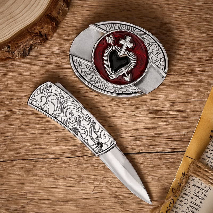 Sacred Heart & Arrow DIY Hidden Folding Knife Buckle Leather Belt - image 1