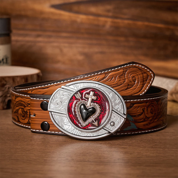 Sacred Heart & Arrow DIY Hidden Folding Knife Buckle Leather Belt - Cross & Heart - Brown Feather Belt - 40 - image 7