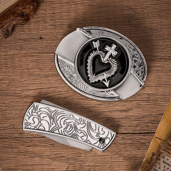 Black Enamel Heart & Arrow DIY Hidden Folding Knife Buckle Leather Belt - image 10