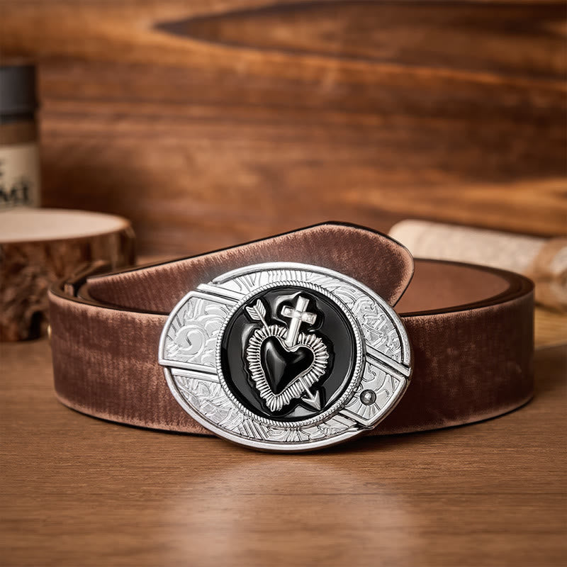 Black Enamel Heart & Arrow DIY Hidden Folding Knife Buckle Leather Belt - Cross & Heart - Brown Distressed Belt - 42 - image 5