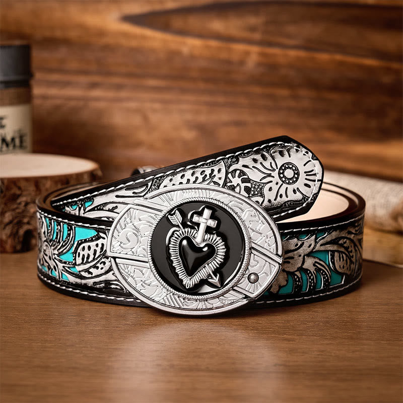 Black Enamel Heart & Arrow DIY Hidden Folding Knife Buckle Leather Belt - Cross & Heart - Gray Floral Belt - 42 - image 8