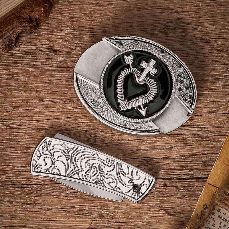 Black Enamel Heart & Arrow DIY Hidden Folding Knife Buckle Leather Belt - image 10