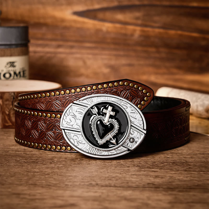Black Enamel Heart & Arrow DIY Hidden Folding Knife Buckle Leather Belt - Cross & Heart - Brown Rivet Belt - 42 - image 4