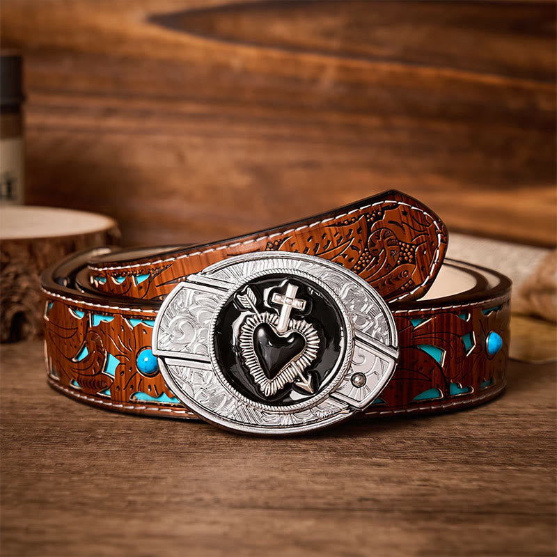 Black Enamel Heart & Arrow DIY Hidden Folding Knife Buckle Leather Belt - Cross & Heart - Turquoise Carved Belt - 42 - image 3