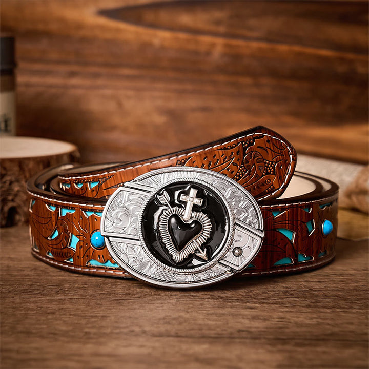Black Enamel Heart & Arrow DIY Hidden Folding Knife Buckle Leather Belt - Cross & Heart - Turquoise Carved Belt - 42 - image 3