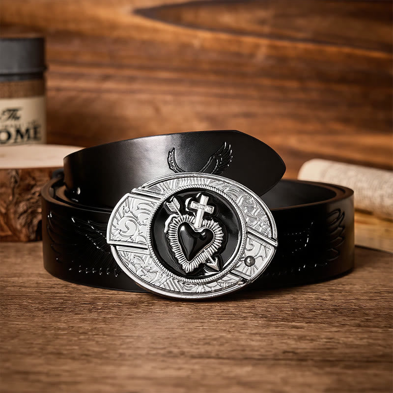 Black Enamel Heart & Arrow DIY Hidden Folding Knife Buckle Leather Belt - Cross & Heart - Black Embossed Eagle Belt - 42 - image 2