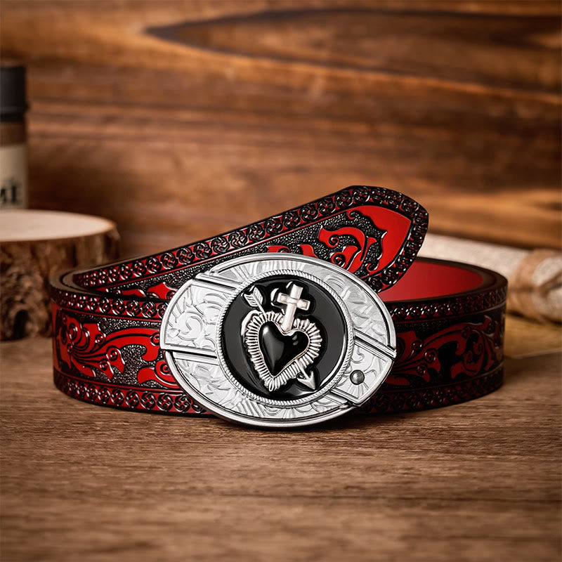 Black Enamel Heart & Arrow DIY Hidden Folding Knife Buckle Leather Belt - Cross & Heart - Brown Carved Belt - 42 - image 6