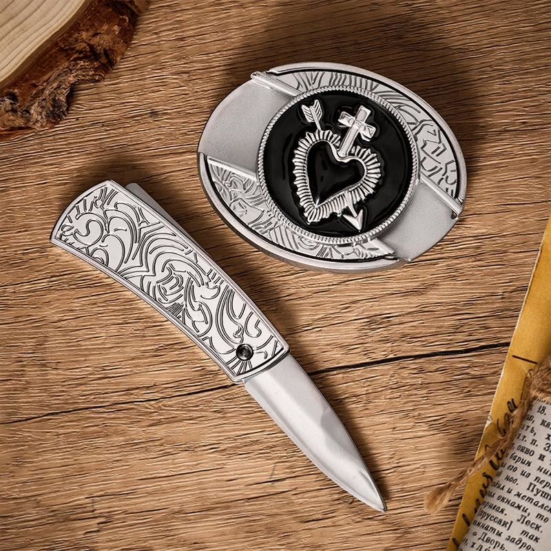 Black Enamel Heart & Arrow DIY Hidden Folding Knife Buckle Leather Belt - image 1