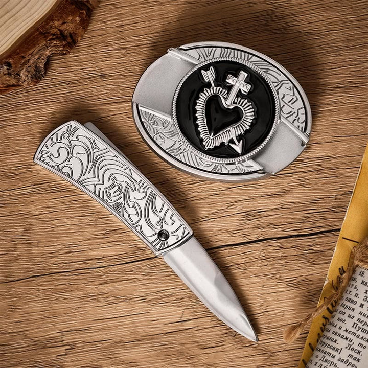 Black Enamel Heart & Arrow DIY Hidden Folding Knife Buckle Leather Belt - image 1