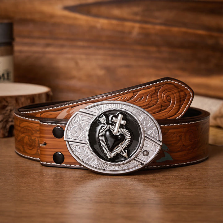 Black Enamel Heart & Arrow DIY Hidden Folding Knife Buckle Leather Belt - Cross & Heart - Brown Feather Belt - 40 - image 7