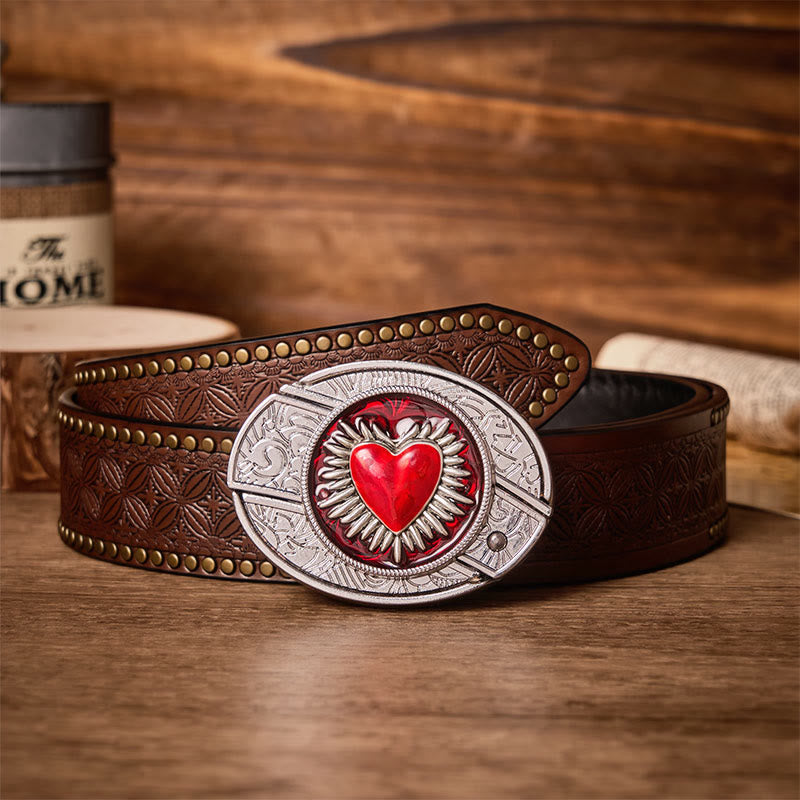 Flaming Sacred Heart DIY Hidden Folding Knife Buckle Leather Belt - Flaming Heart - Brown Rivet Belt - 42 - image 4