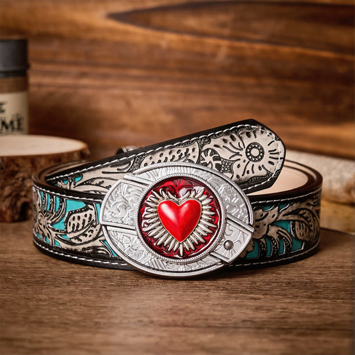 Flaming Sacred Heart DIY Hidden Folding Knife Buckle Leather Belt - Flaming Heart - Gray Floral Belt - 42 - image 8