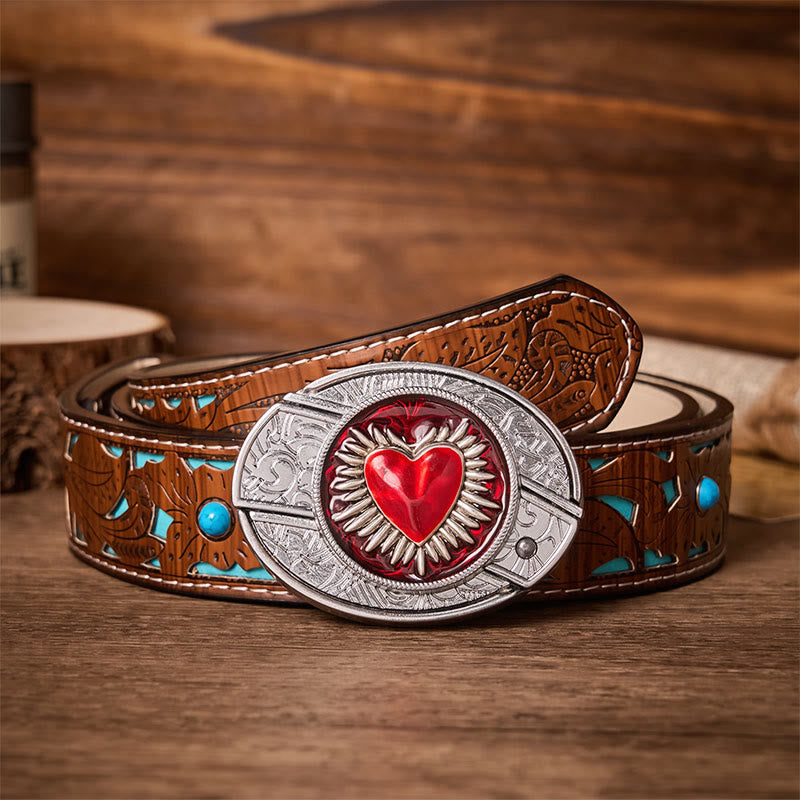 Flaming Sacred Heart DIY Hidden Folding Knife Buckle Leather Belt - Flaming Heart - Turquoise Carved Belt - 42 - image 3