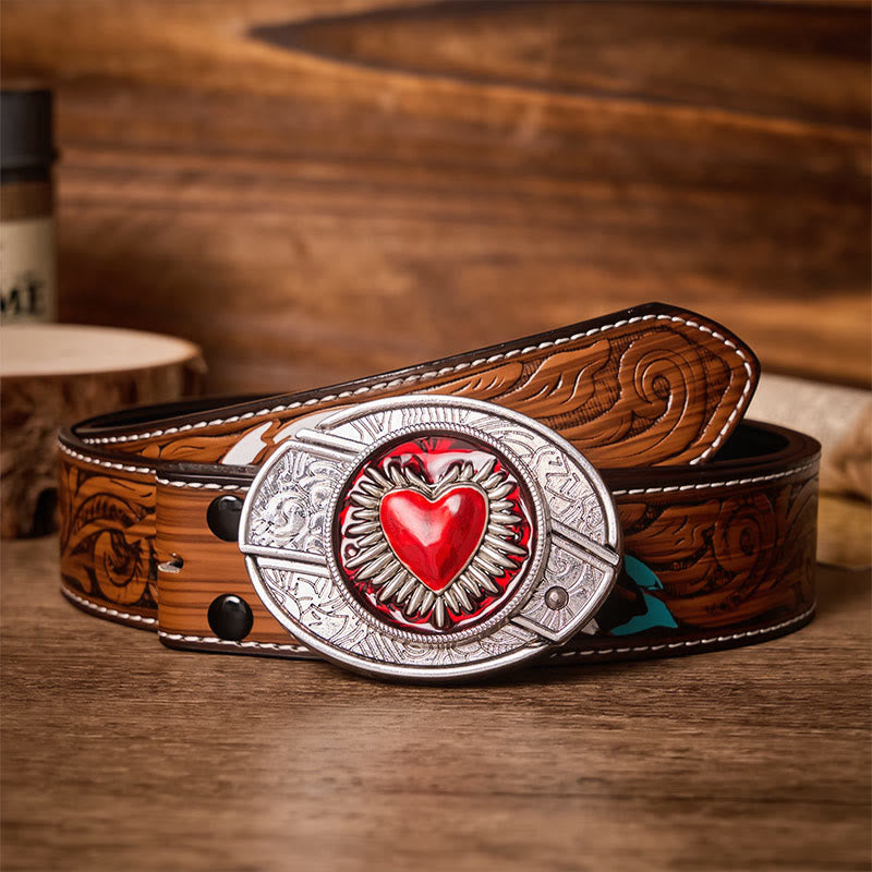 Flaming Sacred Heart DIY Hidden Folding Knife Buckle Leather Belt - Flaming Heart - Brown Feather Belt - 40 - image 7