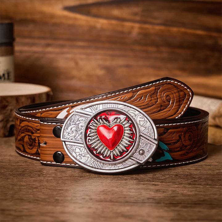 Flaming Sacred Heart DIY Hidden Folding Knife Buckle Leather Belt - Flaming Heart - Brown Feather Belt - 40 - image 7