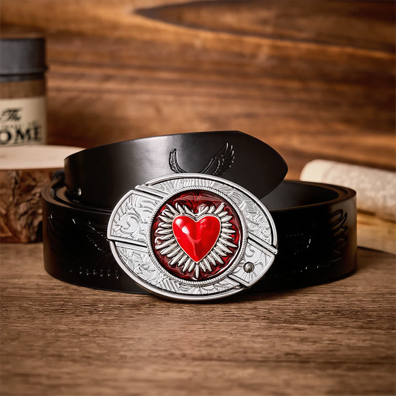 Flaming Sacred Heart DIY Hidden Folding Knife Buckle Leather Belt - Flaming Heart - Black Embossed Eagle Belt - 42 - image 2