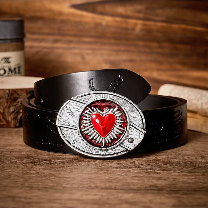 Flaming Sacred Heart DIY Hidden Folding Knife Buckle Leather Belt - Flaming Heart - Black Embossed Eagle Belt - 42 - image 2