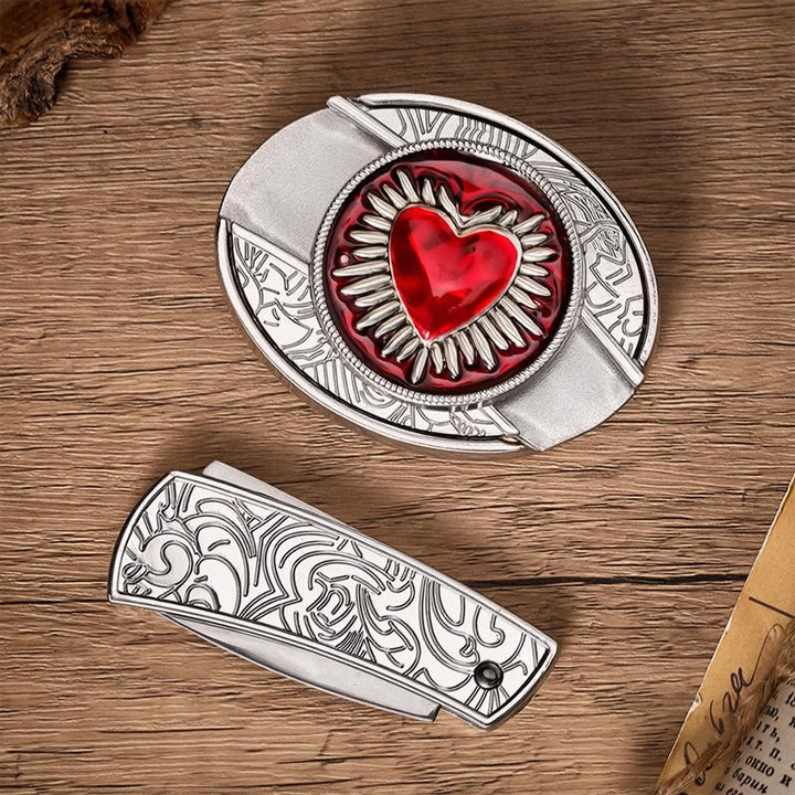 Flaming Sacred Heart DIY Hidden Folding Knife Buckle Leather Belt - image 10