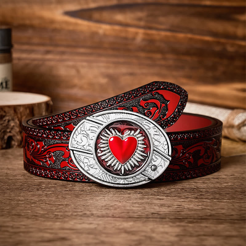 Flaming Sacred Heart DIY Hidden Folding Knife Buckle Leather Belt - Flaming Heart - Brown Carved Belt - 42 - image 6