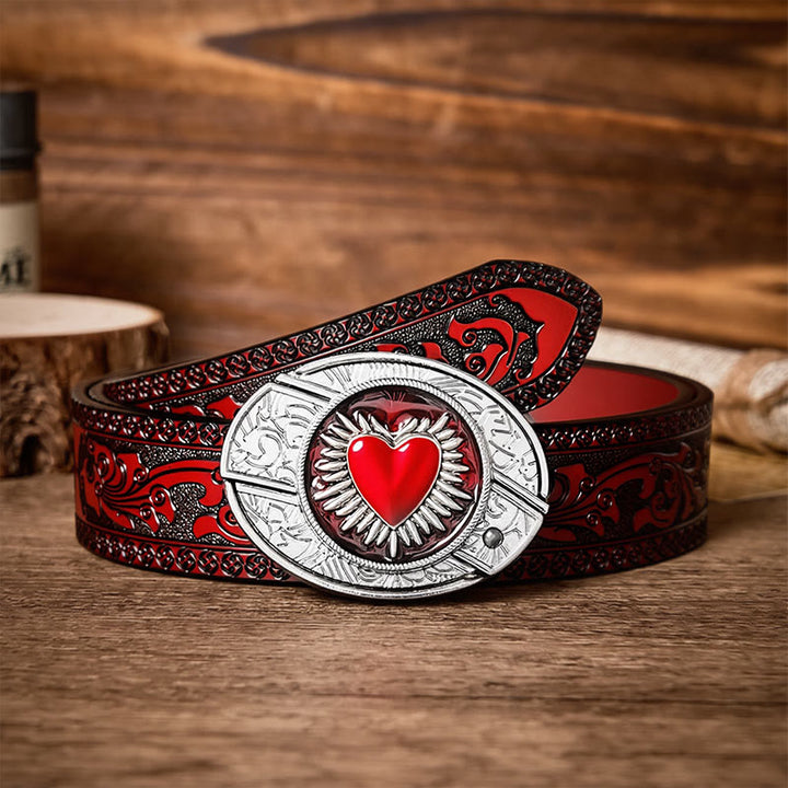 Flaming Sacred Heart DIY Hidden Folding Knife Buckle Leather Belt - Flaming Heart - Brown Carved Belt - 42 - image 6